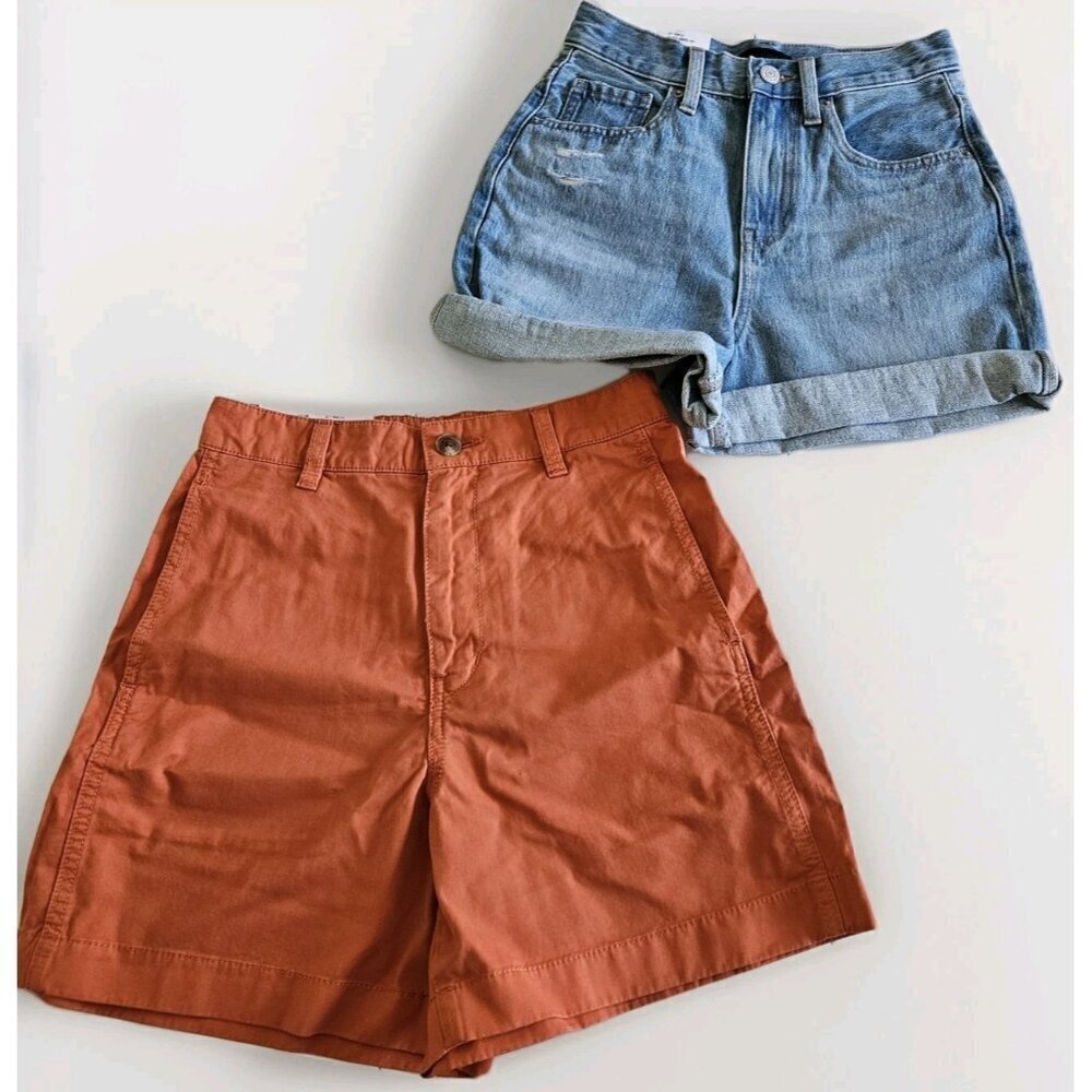 Uniqlo Shorts Women XXS Lot of 2 Blue Denim Orange Cotton High Rise Zip Fly Boho